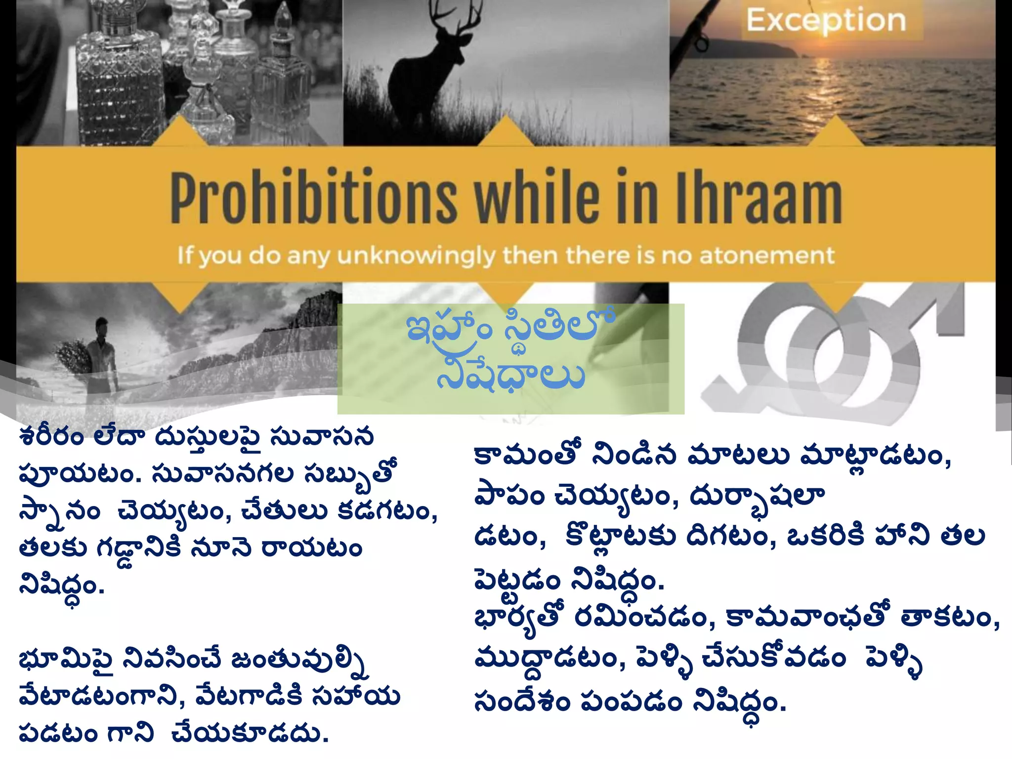 శరీరాం లేదా దరస్రత లపెై స్రవ్స్న
ప్ూయటాం. స్రవ్స్నగల స్బుుతో
స్ునాం చెయేటాం, చేతులు క్డగటాం,
తలక్ు గడాడ నికి నూనె ర్యటాం
నిషిదధాం.
భూమిపెై నివసిాంచే జాంతువులిు
వేటాడటాంగ్ని, వేటగ్డికి స్హ్య
ప్డటాం గ్ని చేయక్ూడదర.
ఇహ్ర ాం స్థి తిలో
నిషేధాలు
క్మాంతో నిాండిన మాటలు మాటాల డటాం,
ప్ప్ాం చెయేటాం, దరర్ాషలా
డటాం, కొటాల టక్ు దగటాం, ఒక్రికి హ్ని తల
పెటటడాం నిషిదధాం.
భారేతో రమిాంచడాం, క్మవ్ాంఛతో తాక్టాం,
ముదాు డటాం, పెళ్ళే చేస్రకోవడాం పెళ్ళే
స్ాందేశాం ప్ాంప్డాం నిషిదధాం.
 