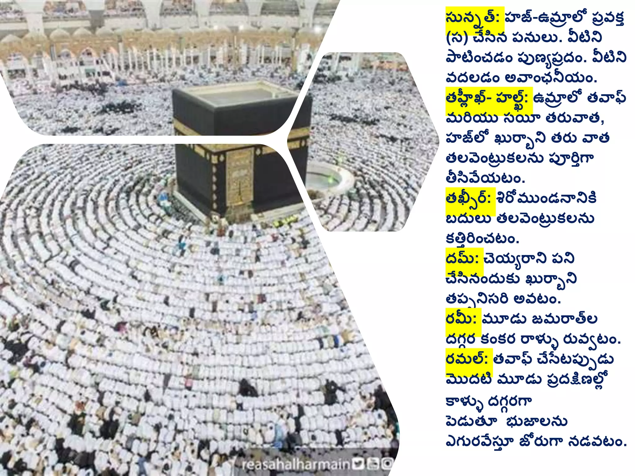 స్రనుత: హజ-ఉమాా లల ప్ువక్త
(స్) చేసిన ప్నరలు. వీటిని
ప్టిాంచడాం ప్ుణేప్ుదాం. వీటిని
వదలడాం అవ్ాంఛనీయాం.
తహలల ఖ- హలఖ: ఉమాా లల తవ్ఫ
మరియు స్యిీ తరతవ్త,
హజలల ఖరర్ుని తరత వ్త
తలవెాంటరు క్లనర ప్ూరితగ్
తీసివేయటాం.
తఖీసర: శిరోముాండనానికి
బదరలు తలవెాంటరు క్లనర
క్త్తతరిాంచటాం.
దమ: చెయేర్ని ప్ని
చేసినాందరక్ు ఖరర్ుని
తప్పనిస్రి అవటాం.
రమీ: మూడు జమర్తల
దగగర క్ాంక్ర ర్ళ్ళే రతవీటాం.
రమల: తవ్ఫ చేసతటప్ుపడు
మొదటి మూడు ప్ుదక్షిణలలల
క్ళ్ళే దగగరగ్
పెడుతూ భుజాలనర
ఎగురవేస్ూత జోరతగ్ నడవటాం.
 