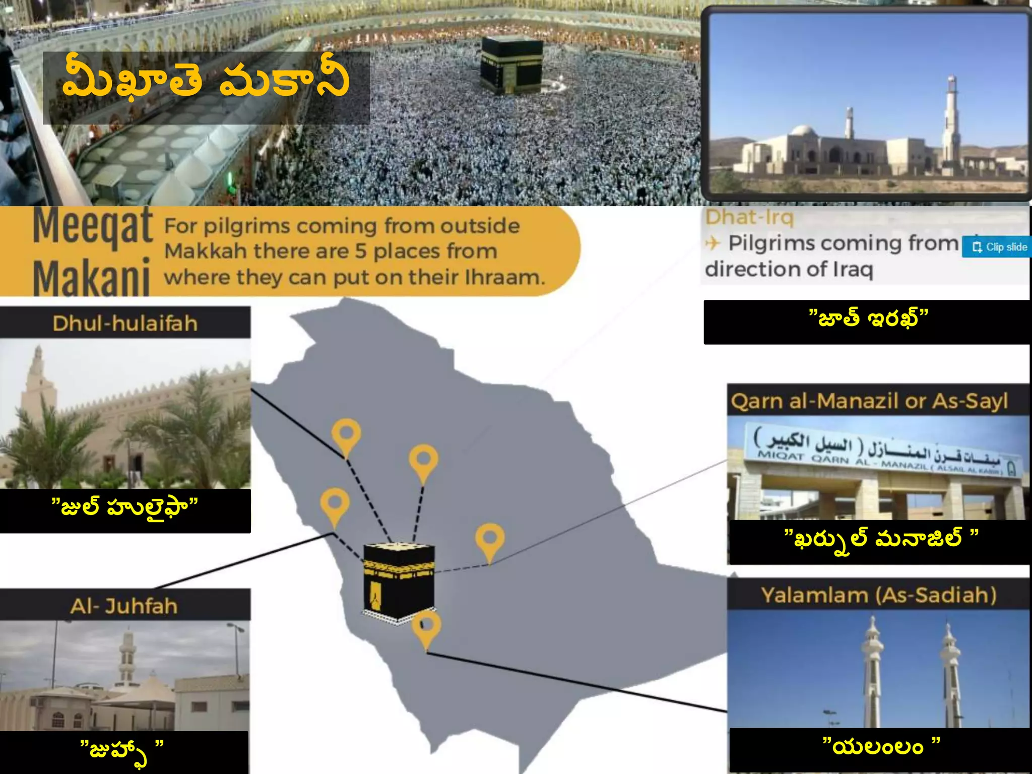 ”జుల హులెైఫ్”
”జాత ఇరఖ”
”యలాంలాం ”
”ఖరతుల మనాజిల ”
”జుహ్ా ”
మీఖాతె మక్నీ
 