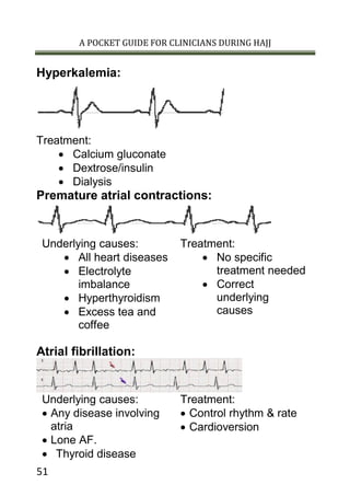 A POCKET GUIDE FOR CLINICIANS DURING HAJJ
51
Hyperkalemia:
Treatment:
 Calcium gluconate
 Dextrose/insulin
 Dialysis
Premature atrial contractions:
Underlying causes: Treatment:
 All heart diseases
 Electrolyte
imbalance
 Hyperthyroidism
 Excess tea and
coffee
 No specific
treatment needed
 Correct
underlying
causes
Atrial fibrillation:
Underlying causes: Treatment:
 Any disease involving
atria
 Lone AF.
 Thyroid disease
 Control rhythm & rate
 Cardioversion
 