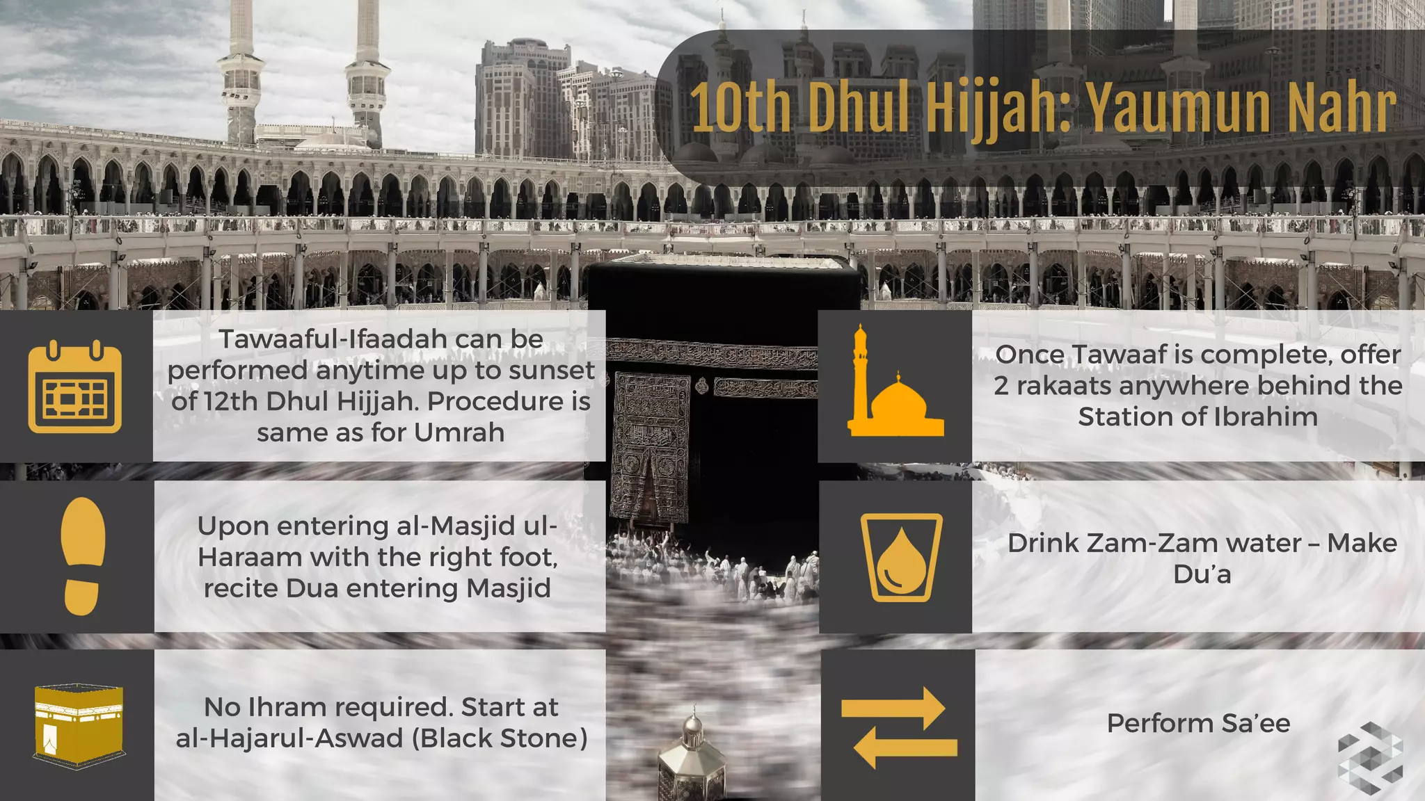 Tawaaful-Ifaadah can be
performed anytime up to sunset
of 12th Dhul Hijjah. Procedure is
same as for Umrah
Upon entering al-Masjid ul-
Haraam with the right foot,
recite Dua entering Masjid
No Ihram required. Start at 
al-Hajarul-Aswad (Black Stone)
Once Tawaaf is complete, offer
2 rakaats anywhere behind the
Station of Ibrahim
Drink Zam-Zam water – Make
Du’a
10th Dhul Hijjah: Yaumun Nahr
Perform Sa’ee
 