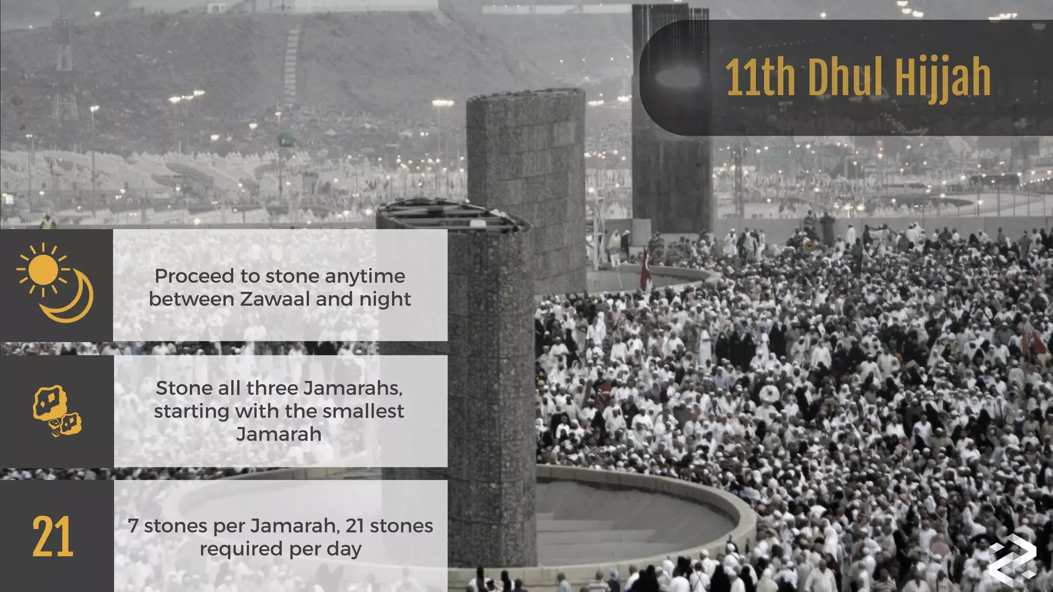 Proceed to stone anytime
between Zawaal and night
Stone all three Jamarahs,
starting with the smallest
Jamarah
11th Dhul Hijjah
7 stones per Jamarah, 21 stones
required per day21
 