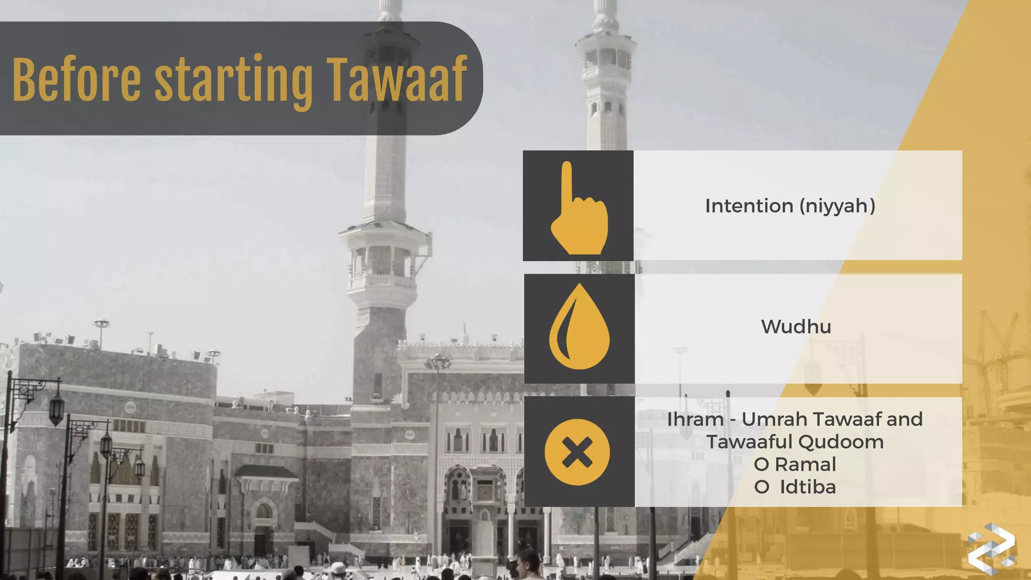 Intention (niyyah)
Wudhu
Ihram - Umrah Tawaaf and
Tawaaful Qudoom
O Ramal
O Idtiba
Before starting Tawaaf
 