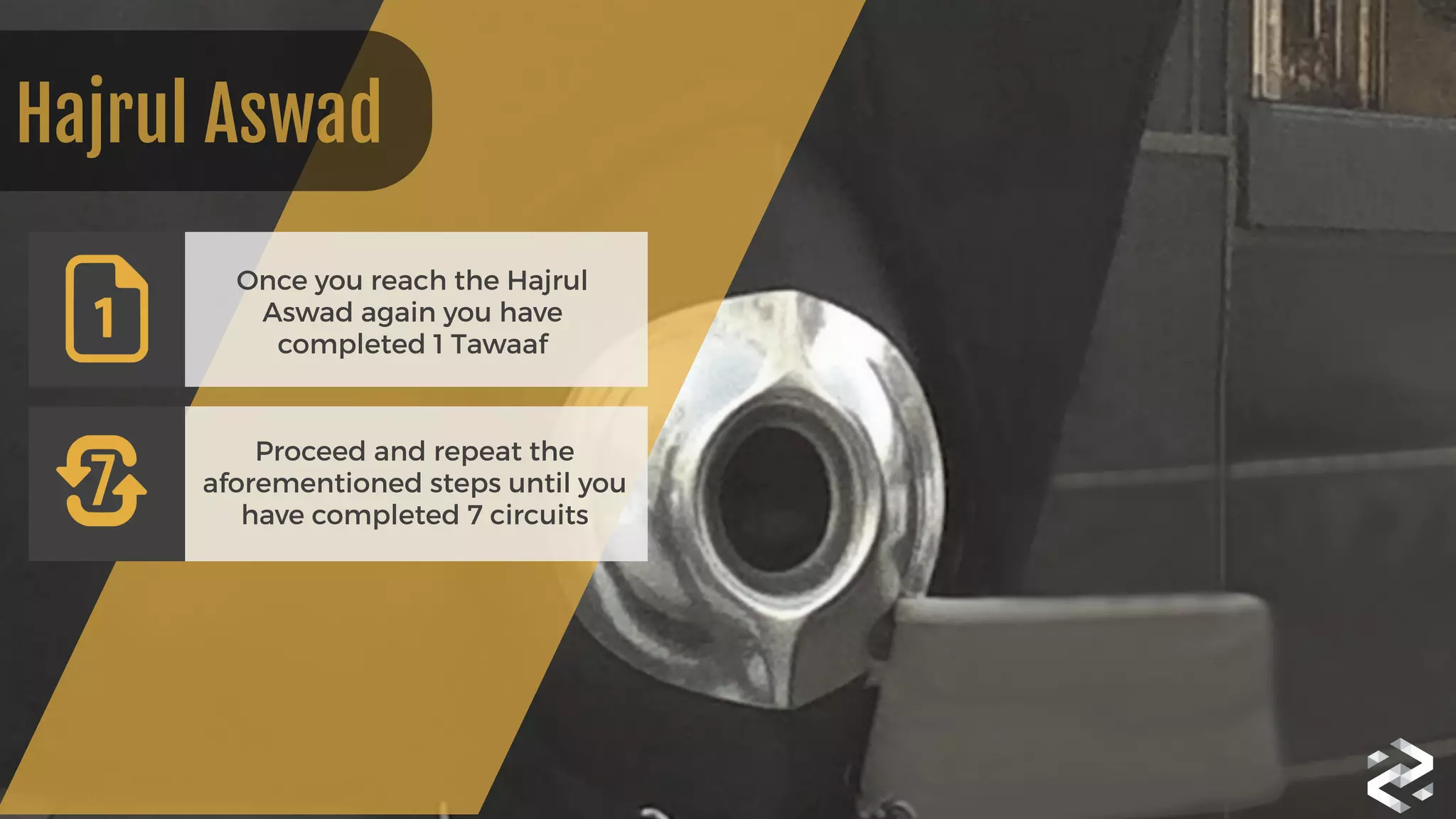 Once you reach the Hajrul
Aswad again you have
completed 1 Tawaaf
Proceed and repeat the
aforementioned steps until you
have completed 7 circuits
Hajrul Aswad
7
 