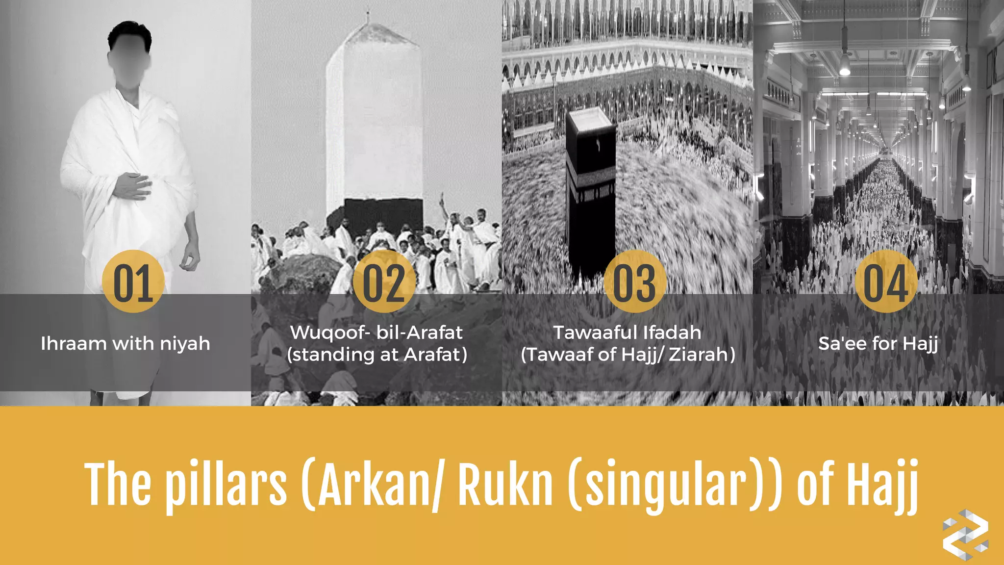 The pillars (Arkan/ Rukn (singular)) of Hajj
Ihraam with niyah 
Wuqoof- bil-Arafat 
(standing at Arafat)
Tawaaful Ifadah 
(Tawaaf of Hajj/ Ziarah)
Sa'ee for Hajj 
01 02 03 04
 