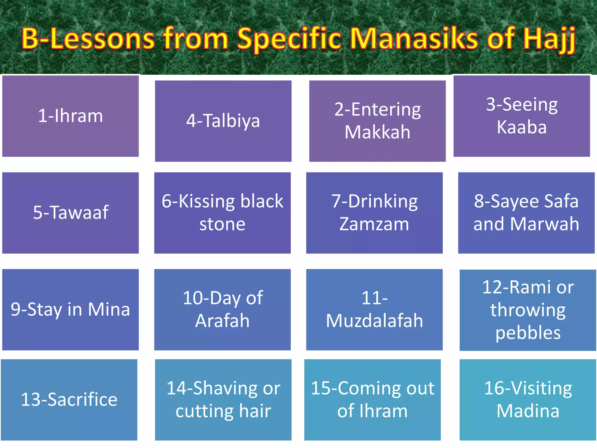 4-Talbiya

2-Entering
Makkah

3-Seeing
Kaaba

5-Tawaaf

6-Kissing black
stone

7-Drinking
Zamzam

8-Sayee Safa
and Marwah

9-Stay in Mina

10-Day of
Arafah

11Muzdalafah

12-Rami or
throwing
pebbles

13-Sacrifice

14-Shaving or
cutting hair

15-Coming out
of Ihram

16-Visiting
Madina

1-Ihram

 