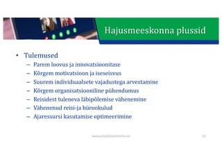 This presentation uses a free template provided by FPPT.com
www.free-power-point-templates.com
Hajusmeeskonna	plussid
• Tulemused
– Parem	loovus	ja	innovatsioonitase
– Kõrgem	motivatsioon	ja	iseseisvus
– Suurem	individuaalsete	vajadustega	arvestamine
– Kõrgem	organisatsiooniline	pühendumus
– Reisidest	tuleneva	läbipõlemise	vähenemine
– Vähenenud	reisi-ja bürookulud
– Ajaressursi	kasutamise	optimeerimine
www.projektijuhtimine.ee 16
 