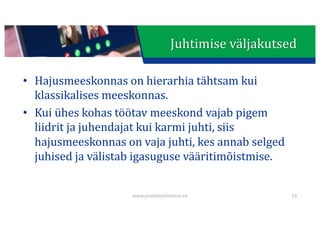 This presentation uses a free template provided by FPPT.com
www.free-power-point-templates.com
Juhtimise	väljakutsed
• Hajusmeeskonnas	on	hierarhia	tähtsam	kui	
klassikalises	meeskonnas.	
• Kui	ühes	kohas	töötav	meeskond	vajab	pigem	
liidrit	ja	juhendajat	kui	karmi	juhti,	siis	
hajusmeeskonnas	on	vaja	juhti,	kes	annab	selged	
juhised	ja	välistab	igasuguse	vääritimõistmise.
www.projektijuhtimine.ee 19
 