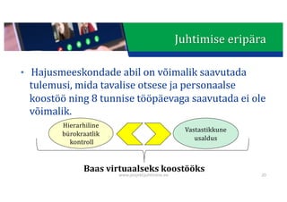 This presentation uses a free template provided by FPPT.com
www.free-power-point-templates.com
Juhtimise	eripära
• Hajusmeeskondade	abil	on	võimalik	saavutada	
tulemusi,	mida	tavalise	otsese	ja	personaalse	
koostöö	ning	8	tunnise	tööpäevaga	saavutada	ei	ole	
võimalik.
www.projektijuhtimine.ee 20
Vastastikkune
usaldus
Hierarhiline
bürokraatlik
kontroll
Baas	virtuaalseks	koostööks
 