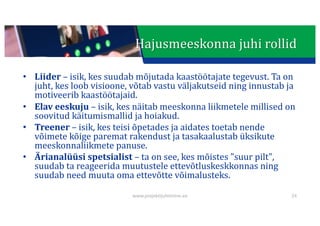 This presentation uses a free template provided by FPPT.com
www.free-power-point-templates.com
Hajusmeeskonna	juhi	rollid
• Liider – isik,	kes suudab mõjutada kaastöötajate tegevust. Ta	on	
juht,	kes	loob	visioone,	võtab	vastu	väljakutseid	ning	innustab	ja	
motiveerib	kaastöötajaid.
• Elav	eeskuju	– isik,	kes	näitab	meeskonna	liikmetele	millised	on	
soovitud	käitumismallid	ja	hoiakud.
• Treener	– isik,	kes	teisi	õpetades ja	aidates toetab	nende	
võimete	kõige	paremat	rakendust	ja	tasakaalustab	üksikute	
meeskonnaliikmete	panuse.
• Ärianalüüsi	spetsialist	– ta	on	see,	kes	mõistes	"suur	pilt",	
suudab	ta	reageerida	muutustele	ettevõtluskeskkonnas	ning	
suudab	need	muuta	oma	ettevõtte	võimalusteks.
www.projektijuhtimine.ee 24
 