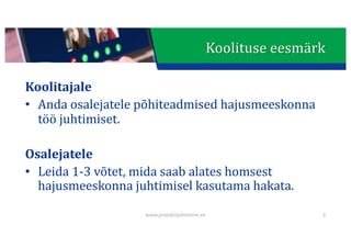 This presentation uses a free template provided by FPPT.com
www.free-power-point-templates.com
Koolituse	eesmärk
Koolitajale
• Anda	osalejatele	põhiteadmised	hajusmeeskonna	
töö	juhtimiset.
Osalejatele
• Leida	1-3	võtet,	mida	saab	alates	homsest	
hajusmeeskonna	juhtimisel	kasutama	hakata.
3
www.projektijuhtimine.ee
 