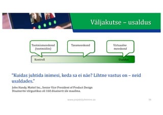 This presentation uses a free template provided by FPPT.com
www.free-power-point-templates.com
Väljakutse	– usaldus	
Tootmismeeskond
(tootmisliin)
Tavameeskond Virtuaalne	
meeskond
Kontroll Usaldus
“Kuidas	juhtida	inimesi,	keda	sa	ei	näe?	Lihtne	vastus	on	– neid	
usaldades.”
John	Handy,	Mattel Inc.,	Senior Vice President	of Product Design
Disainerite	võrgustikus	oli	160	disainerit	üle	maailma.
34
www.projektijuhtimine.ee
 