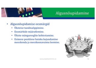 This presentation uses a free template provided by FPPT.com
www.free-power-point-templates.com
Algusnõupidamine
• Algusnõupidamise	eesmärgid
• Üksteise	tundmaõppimine.
• Eesmärkide	määratlemine.
• Ühiste	mängureeglite	kehtestamine.
• Esimese	positiivse	hoiaku	kujundamine	
meeskonda	ja	meeskonnavaimu	loomine.
www.projektijuhtimine.ee 42
 