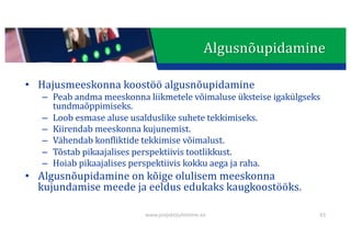 This presentation uses a free template provided by FPPT.com
www.free-power-point-templates.com
• Hajusmeeskonna	koostöö	algusnõupidamine
– Peab	andma	meeskonna	liikmetele	võimaluse	üksteise	igakülgseks	
tundmaõppimiseks.
– Loob	esmase	aluse	usalduslike	suhete	tekkimiseks.
– Kiirendab	meeskonna	kujunemist.
– Vähendab	konfliktide	tekkimise	võimalust.
– Tõstab	pikaajalises	perspektiivis	tootlikkust.
– Hoiab	pikaajalises	perspektiivis	kokku	aega	ja	raha.
• Algusnõupidamine	on	kõige	olulisem	meeskonna	
kujundamise	meede	ja	eeldus	edukaks	kaugkoostööks.
43
Algusnõupidamine
www.projektijuhtimine.ee
 
