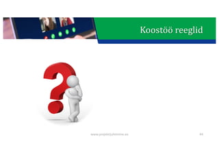 This presentation uses a free template provided by FPPT.com
www.free-power-point-templates.com
Koostöö	reeglid
44
www.projektijuhtimine.ee
 