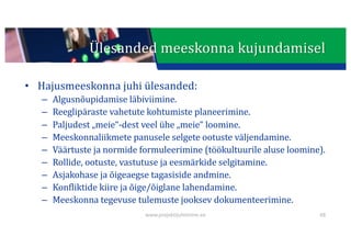 This presentation uses a free template provided by FPPT.com
www.free-power-point-templates.com
Ülesanded	meeskonna	kujundamisel
• Hajusmeeskonna	juhi	ülesanded:
– Algusnõupidamise	läbiviimine.
– Reeglipäraste	vahetute	kohtumiste	planeerimine.
– Paljudest	„meie“-dest veel	ühe	„meie“	loomine.
– Meeskonnaliikmete	panusele	selgete	ootuste	väljendamine.
– Väärtuste	ja	normide	formuleerimine	(töökultuurile	aluse	loomine).
– Rollide,	ootuste,	vastutuse	ja	eesmärkide	selgitamine.
– Asjakohase	ja	õigeaegse	tagasiside	andmine.
– Konfliktide	kiire	ja	õige/õiglane	lahendamine.
– Meeskonna	tegevuse	tulemuste	jooksev	dokumenteerimine.
48
www.projektijuhtimine.ee
 