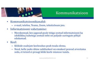 This presentation uses a free template provided by FPPT.com
www.free-power-point-templates.com
Kommunikatsioon
• Kommunikatsioonikanalid:
– e-mail,	telefon,	Teams,	Zoom,	tekstisõnum	jms.
• Informatsiooni	vahetamine:
– Meeskonnad,	kes	jagavad	peale	tööga	seotud	informatsiooni	ka	
iskiklikku/suhetega seotud	infot	on	paljude	uuringute	põhjal	
edukamad.
• Keel:
– Kõikide	osalejate	keeleoskus	peab	teada	olema.
– Need,	kelle	jaoks	ühine	suhtluskeel	on	emakeel	peavad	arvestama	
seda,	et	teised	ei	pruugi	kõiki	keele	nüansse	tunda.	
51
www.projektijuhtimine.ee
 