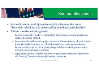 This presentation uses a free template provided by FPPT.com
www.free-power-point-templates.com
Kommunikatsioon
• Vastavalt	meeskonna	kujunemise	etapile	ja	kommunikatsiooni	
ülesandele	tuleb	kasutada	erinevaid	kommunikatsioonivahendeid.
• Näiteks	meeskonnatöö	algfaasis:
– Vahetu	tagasiside	vajadus	=	võimalikult	sünkroonne	kommunikatsioon,	
väikesed	ajalised	nihked.
– Suur	sümbolite	tähendus	=	palju	täiendavat	informatsiooni	lihtsale	teatele	
(miimika,	hääletoon	jms,	mis	abistab	sotsialiseerumist ja	meeskonna	
kujundamist	seega	on	töö	algfaasis	kõige	sobilikumad	nõupidamised	ja	
telefoni- ning	videokonverentsid)
– Aga	ka	hea	järeltöö.	Näiteks	kõne	või	nõupidamise	materjalide	(telefonis	
või	Zoomis/Teamsis toimunu)	täiendav	jaotamine.
54
www.projektijuhtimine.ee
 