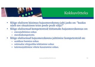 This presentation uses a free template provided by FPPT.com
www.free-power-point-templates.com
• Kõige	olulisem	küsimus	hajusmeeskonna	juhi	jaoks	on:	“kuidas	
näeb	see	situatsioon	teise	poole	pealt	välja?”
• Kõige	olulisemad	kompetentsid	töötamaks	hajusmeeskonnas	on:
– enesejuhtimise	oskus
– meediakompetents.
• Kõige	olulisemad	hajusmeeskonna	juhtimise	kompetentsid	on:
– usalduse	loomise	oskus
– sotsiaalse	võrgustiku	tekitamise	oskus
– tulemusjuhtimise	võtete	kasutamise	oskus.
56
www.projektijuhtimine.ee
Kokkuvõtteks
 