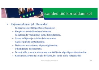This presentation uses a free template provided by FPPT.com
www.free-power-point-templates.com
• Hajusmeeskonna	juhi	ülesanded:
– Tööprotsesside	läbipaistvuse	tagamine.
– Kooperatsioonivõimaluste	loomine.
– Tööülesande	võimalikult	täpne	kirjeldamine.
– Otsustusõiguse	ja	–piiride	kehtestamine.
– Ajaliste	piiride	kehtestamine.
– Töö	tasustamise	teema	täpne	selgitamine.
– Omaalgatuse	edendamine.
– Eesmärkide	ja	nende	saavutamise	mõõdikute	väga	täpne	sõnastamine.
– Kaasjuhi	määramine	selleks	hetkeks,	kui	ta	ise	ei	ole	kättesaadav.
64
Ülesanded	töö	korraldamisel
www.projektijuhtimine.ee
 