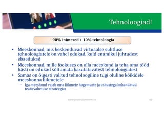 This presentation uses a free template provided by FPPT.com
www.free-power-point-templates.com
• Meeskonnad,	mis	keskenduvad	virtuaalse	suhtluse	
tehnoloogiatele	on	vahel	edukad,	kuid	enamikul	juhtudest	
ebaedukad
• Meeskonnad,	mille	fookuses	on	olla	meeskond	ja	teha	oma	tööd	
hästi	on	edukad	sõltumata	kasutatavatest	tehnoloogiatest
• Samas	on	õigesti	valitud	tehnoloogiline	tugi	oluline	kõikidele	
meeskonna	liikmetele
– Iga	meeskond	vajab	oma	liikmete	kogemuste	ja	oskustega	kohandatud	
teabevahetuse	strateegiat
90%	inimesed	+	10%	tehnoloogia
69
Tehnoloogiad!
www.projektijuhtimine.ee
 