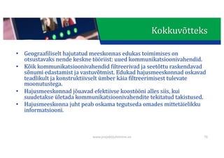 This presentation uses a free template provided by FPPT.com
www.free-power-point-templates.com
• Geograafiliselt	hajutatud	meeskonnas	edukas	toimimises	on	
otsustavaks	nende	keskne	tööriist:	uued	kommunikatsioonivahendid.
• Kõik	kommunikatsioonivahendid	filtreerivad	ja	seetõttu	raskendavad	
sõnumi	edastamist	ja	vastuvõtmist.	Edukad	hajusmeeskonnad	oskavad	
teadlikult	ja	konstruktiivselt	ümber	käia	filtreerimisest	tulevate	
moonutustega.
• Hajusmeeskonnad	jõuavad	efektiivse	koostööni	alles	siis,	kui	
suudetakse	ületada	kommunikatsioonivahendite	tekitatud	takistused.
• Hajusmeeskonna	juht	peab	oskama	tegutseda	omades	mittetäielikku	
informatsiooni.
76
Kokkuvõtteks
www.projektijuhtimine.ee
 