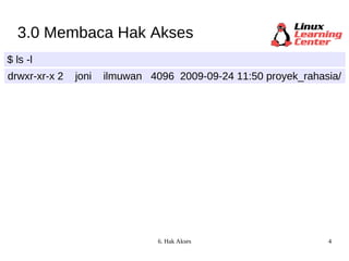 3.0 Membaca Hak Akses $ ls -l drwxr-xr-x 2  joni  ilmuwan  4096  2009-09-24 11:50 proyek_rahasia/ 