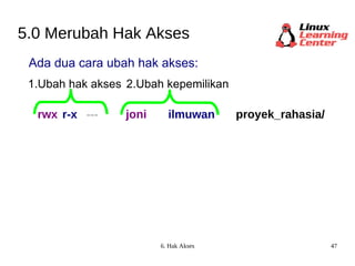 5.0 Merubah Hak Akses 2.Ubah kepemilikan joni ilmuwan rwx r-x --- 1.Ubah hak akses proyek_rahasia/ Ada dua cara ubah hak akses: 