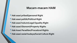 Macam-macam HAM
• Hak asasi pribadi/personal Right
• Hak asasi politik/Political Right
• Hak asasi hukum/Legal Equality Right
• Hak azasi Ekonomi/Property Rigths
• Hak Asasi Peradilan/Procedural Rights
• Hak asasi sosial budaya/Social Culture Right
 