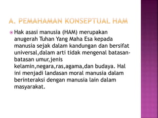  Hak asasi manusia (HAM) merupakan
anugerah Tuhan Yang Maha Esa kepada
manusia sejak dalam kandungan dan bersifat
universal,dalam arti tidak mengenal batasan-
batasan umur,jenis
kelamin,negara,ras,agama,dan budaya. Hal
ini menjadi landasan moral manusia dalam
berinteraksi dengan manusia lain dalam
masyarakat.
 