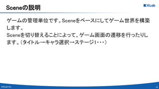14 
ゲームの管理単位です。Sceneをベースにしてゲーム世界を構築
します。 
Sceneを切り替えることによって、ゲーム画面の遷移を行ったりし
ます。（タイトル→キャラ選択→ステージ1・・・） 
 
 
Sceneの説明 
 