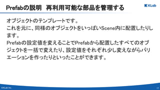 17 
オブジェクトのテンプレートです。 
これを元に、同様のオブジェクトをいっぱいScene内に配置したりし
ます。 
Prefabの設定値を変えることでPrefabから配置したすべてのオブ
ジェクトを一括で変えたり、設定値をそれぞれ少し変えながらバリ
エーションを作ったりといったことができます。 
 
Prefabの説明　再利用可能な部品を管理する 
 