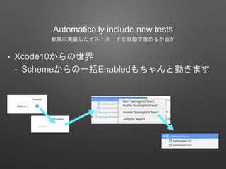 Automatically include new tests
新規に実装したテストコードを自動で含めるか否か
• Xcode10からの世界
• Schemeからの一括Enabledもちゃんと動きます
 