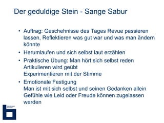 Der geduldige Stein - Sange Sabur Auftrag: Geschehnisse des Tages Revue passieren lassen, Reflektieren was gut war und was man ändern könnte Herumlaufen und sich selbst laut erzählen Praktische Übung: Man hört sich selbst reden Artikulieren wird geübt Experimentieren mit der Stimme  Emotionale Festigung  Man ist mit sich selbst und seinen Gedanken allein Gefühle wie Leid oder Freude können zugelassen werden 