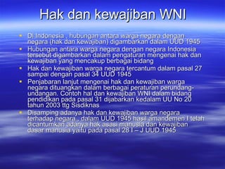 Hak dan kewajiban WNI   Di Indonesia , hubungan antara warga negara dengan negara (hak dan kewajiban) digambarkan dalam UUD 1945 Hubungan antara warga negara dengan negara Indonesia tersebut digambarkan dalam pengaturan mengenai hak dan kewajiban yang mencakup berbagai bidang Hak dan kewajiban warga negara tercantum dalam pasal 27 sampai dengan pasal 34 UUD 1945 Penjabaran lanjut mengenai hak dan kewajiban warga negara dituangkan dalam berbagai peraturan perundang-undangan. Contoh hal dan kewajiban WNI dalam bidang pendidikan pada pasal 31 dijabarkan kedalam UU No 20 tahun 2003  ttg Sisdiknas Disamping adanya hak dan kewajiban warga negara terhadap negara , dalam UUD 1945 hasil amandemen I telah dicantumkan adanya hak asasi manusia dan kewajiban dasar manusia yaitu pada pasal 28 I – J UUD 1945 