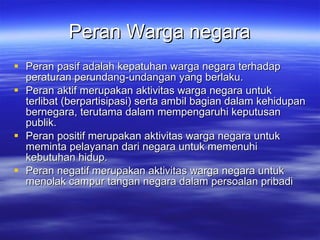 Peran Warga negara Peran pasif adalah kepatuhan warga negara terhadap peraturan perundang-undangan yang berlaku.  Peran aktif merupakan aktivitas warga negara untuk terlibat (berpartisipasi) serta ambil bagian dalam kehidupan bernegara, terutama dalam mempengaruhi keputusan publik.  Peran positif merupakan aktivitas warga negara untuk meminta pelayanan dari negara untuk memenuhi kebutuhan hidup.  Peran negatif merupakan aktivitas warga negara untuk menolak campur tangan negara dalam persoalan pribadi   