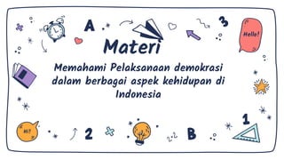 Materi
Hi!
Hello!
Memahami Pelaksanaan demokrasi
dalam berbagai aspek kehidupan di
Indonesia
 