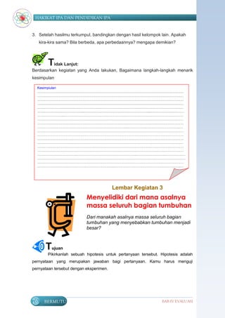 HAKIKAT IPA DAN PENDIDIKAN IPA


3. Setelah hasilmu terkumpul, bandingkan dengan hasil kelompok lain. Apakah
     kira-kira sama? Bila berbeda, apa perbedaannya? mengapa demikian?




         Tidak Lanjut:
Berdasarkan kegiatan yang Anda lakukan, Bagaimana langkah-langkah menarik
kesimpulan

  Kesimpiulan
  …………………………………………………………………………………………………………………
  …………………………………………………………………………………………………………………
  …………………………………………………………………………………………………………………
  …………………………………………………………………………………………………………………
  …………………………………………………………………………………………………………………
  …………………………………..…………………………………………………..…………………………
  …………………....………..……………………………………..……………………………………………
  …………………………………………………………………………………………………………………
  …………………………………………………………………………………………………………………
  ……………………………………………………………………..……………..….……………………..…
  …………………………………………………………………………………………………………………
  …………………………………………………………………………………………………………………
  …………………………………………………………………………………………………………………
  …………………………..…….…….…………………………………………………………………………
  …………………………………………………………………………………………………………………
  …………………………………………………………………………………………………………………
  ……………………………..……………………………………………..……………………..………………
  ……………….……………………………………….…………………………………………………………
  …………………………………………………………………………………………………………………
  …………………………………………………………..…………………………………………………..…
  …………………………………………………………………………………………………………………
  …………………………………………………………….……………………...



                                         Lembar Kegiatan 3
                            Menyelidiki dari mana asalnya
                            massa seluruh bagian tumbuhan
                            Dari manakah asalnya massa seluruh bagian
                            tumbuhan yang menyebabkan tumbuhan menjadi
                            besar?



        Tujuan
         Pikirkanlah sebuah hipotesis untuk pertanyaan tersebut. Hipotesis adalah
pernyataan yang merupakan jawaban bagi pertanyaan. Kamu harus menguji
pernyataan tersebut dengan eksperimen.




76     BERMUTU                                                   BAB IV EVALUASI
 