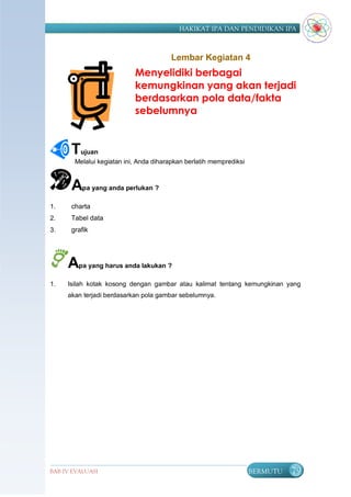 HAKIKAT IPA DAN PENDIDIKAN IPA



                                       Lembar Kegiatan 4
                           Menyelidiki berbagai
                           kemungkinan yang akan terjadi
                           berdasarkan pola data/fakta
                           sebelumnya


      Tujuan
       Melalui kegiatan ini, Anda diharapkan berlatih memprediksi



      Apa yang anda perlukan ?
1.    charta
2.    Tabel data
3.    grafik




     Apa yang harus anda lakukan ?
1.   Isilah kotak kosong dengan gambar atau kalimat tentang kemungkinan yang
     akan terjadi berdasarkan pola gambar sebelumnya.




BAB IV EVALUASI                                                     BERMUTU   79
 