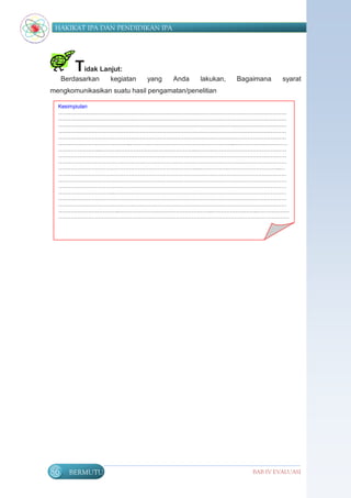HAKIKAT IPA DAN PENDIDIKAN IPA




         Tidak Lanjut:
     Berdasarkan   kegiatan   yang   Anda     lakukan,   Bagaimana    syarat
mengkomunikasikan suatu hasil pengamatan/penelitian

  Kesimpiulan
  …………………………………………………………………………………………………………………
  …………………………………………………………………………………………………………………
  …………………………………………………………………………………………………………………
  …………………………………………………………………………………………………………………
  …………………………………………………………………………………………………………………
  …………………………………..…………………………………………………..…………………………
  …………………....………..……………………………………..……………………………………………
  …………………………………………………………………………………………………………………
  …………………………………………………………………………………………………………………
  ……………………………………………………………………..……………..….……………………..…
  …………………………………………………………………………………………………………………
  …………………………………………………………………………………………………………………
  …………………………………………………………………………………………………………………
  …………………………..…….…….…………………………………………………………………………
  …………………………………………………………………………………………………………………
  …………………………………………………………………………………………………………………
  ……………………………..……………………………………………..……………………..………………
  ……………….……………………………………….…………………………………………………………
  …………………………………………………………………………………………………………………
  …………………………………………………………..…………………………………………………..…
  …………………………………………………………………………………………………………………
  …………………………………………………………….……………………...




86     BERMUTU                                               BAB IV EVALUASI
 