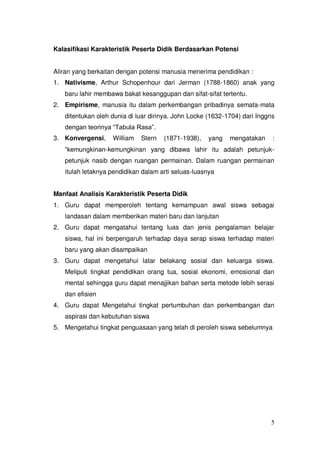 5
Kalasifikasi Karakteristik Peserta Didik Berdasarkan Potensi
Aliran yang berkaitan dengan potensi manusia menerima pendidikan :
1. Nativisme, Arthur Schopenhour dari Jerman (1788-1860) anak yang
baru lahir membawa bakat kesanggupan dan sifat-sifat tertentu.
2. Empirisme, manusia itu dalam perkembangan pribadinya semata-mata
ditentukan oleh dunia di luar dirinya. John Locke (1632-1704) dari Inggris
dengan teorinya “Tabula Rasa”.
3. Konvergensi, William Stern (1871-1938), yang mengatakan :
“kemungkinan-kemungkinan yang dibawa lahir itu adalah petunjuk-
petunjuk nasib dengan ruangan permainan. Dalam ruangan permainan
itulah letaknya pendidikan dalam arti seluas-luasnya
Manfaat Analisis Karakteristik Peserta Didik
1. Guru dapat memperoleh tentang kemampuan awal siswa sebagai
landasan dalam memberikan materi baru dan lanjutan
2. Guru dapat mengatahui tentang luas dan jenis pengalaman belajar
siswa, hal ini berpengaruh terhadap daya serap siswa terhadap materi
baru yang akan disampaikan
3. Guru dapat mengetahui latar belakang sosial dan keluarga siswa.
Meliputi tingkat pendidikan orang tua, sosial ekonomi, emosional dan
mental sehingga guru dapat menajjikan bahan serta metode lebih serasi
dan efisien
4. Guru dapat Mengetahui tingkat pertumbuhan dan perkembangan dan
aspirasi dan kebutuhan siswa
5. Mengetahui tingkat penguasaan yang telah di peroleh siswa sebelumnya
 