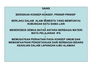 SAINS
BERISIKAN KONSEP-KONSEP, PRINSIP-PRINSIP
BERLAKU DALAM ALAM SEMESTA YANG MEMPUNYAI
HUBUNGAN SATU SAMA LAIN
MENEROBOS SEMUA BATAS ANTARA BERBAGAI MATERI
MATA PELAJARAN IPA
MEMUSATKAN PERHATIAN PADA KONSEP UMUM DAN
MEMANFAATKAN PENGETAHUAN DARI BERBAGAI BIDANG
KEAHLIAN DALAM LAPANGAN ILMU ALAMIAH
 