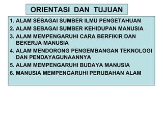 ORIENTASI DAN TUJUAN
1. ALAM SEBAGAI SUMBER ILMU PENGETAHUAN
2. ALAM SEBAGAI SUMBER KEHIDUPAN MANUSIA
3. ALAM MEMPENGARUHI CARA BERFIKIR DAN
BEKERJA MANUSIA
4. ALAM MENDORONG PENGEMBANGAN TEKNOLOGI
DAN PENDAYAGUNAANNYA
5. ALAM MEMPENGARUHI BUDAYA MANUSIA
6. MANUSIA MEMPENGARUHI PERUBAHAN ALAM
 