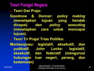 Teori Fungsi Negara
 Teori Dwi Praja:
Goodnow & Donner: policy making
(menetapkan tujuan yang hendak
dicapai) dan policy executing
(menetapkan cara untuk mencapai
tujuan).
 Teori Tri Praja/ Trias Politika:
Montesqiueu: legislatif, eksekutif, dan
yudikatif. John Locke: legislatif,
eksekutif, dan federatif (mengurusi
hubungan luar negeri, perang, dan
kedamaian)
6/23/2023
SMA NEGERI 1 YOGYAKARTA
(TRISNA WIDYANA, S.Pd.,M.Pd.)
22
 