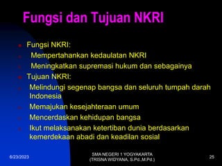 Fungsi dan Tujuan NKRI
 Fungsi NKRI:
a. Mempertahankan kedaulatan NKRI
b. Meningkatkan supremasi hukum dan sebagainya
 Tujuan NKRI:
a. Melindungi segenap bangsa dan seluruh tumpah darah
Indonesia
b. Memajukan kesejahteraan umum
c. Mencerdaskan kehidupan bangsa
d. Ikut melaksanakan ketertiban dunia berdasarkan
kemerdekaan abadi dan keadilan sosial
6/23/2023
SMA NEGERI 1 YOGYAKARTA
(TRISNA WIDYANA, S.Pd.,M.Pd.)
25
 