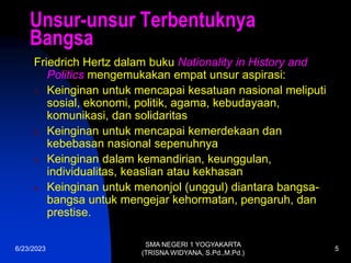 6/23/2023
SMA NEGERI 1 YOGYAKARTA
(TRISNA WIDYANA, S.Pd.,M.Pd.)
5
Unsur-unsur Terbentuknya
Bangsa
Friedrich Hertz dalam buku Nationality in History and
Politics mengemukakan empat unsur aspirasi:
1. Keinginan untuk mencapai kesatuan nasional meliputi
sosial, ekonomi, politik, agama, kebudayaan,
komunikasi, dan solidaritas
2. Keinginan untuk mencapai kemerdekaan dan
kebebasan nasional sepenuhnya
3. Keinginan dalam kemandirian, keunggulan,
individualitas, keaslian atau kekhasan
4. Keinginan untuk menonjol (unggul) diantara bangsa-
bangsa untuk mengejar kehormatan, pengaruh, dan
prestise.
 