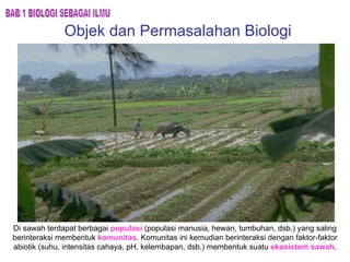 Objek dan Permasalahan Biologi BAB 1 BIOLOGI SEBAGAI ILMU Di sawah terdapat berbagai  populasi  (populasi manusia, hewan, tumbuhan, dsb.) yang saling berinteraksi membentuk  komunitas . Komunitas ini kemudian berinteraksi dengan faktor-faktor abiotik (suhu, intensitas cahaya, pH, kelembapan, dsb.) membentuk suatu  ekosistem sawah . 