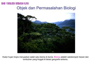 Objek dan Permasalahan Biologi BAB 1 BIOLOGI SEBAGAI ILMU Hutan hujan tropis merupakan salah satu bioma di dunia.  Bioma   adalah sekelompok hewan dan tumbuhan yang tinggal di lokasi geografis tertentu. 
