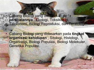 Cabang Biologi yang didasarkan pada  persoalannya  : Ekologi, Toksikologi, Taksonomi, Biologi Reproduksi, dan Teratologi. Cabang Biologi yang didasarkan pada  tingkat organisasi kehidupan  : Sitologi, Histologi, Organologi, Biologi Populasi, Biologi Molekuler, Genetika Populasi. 