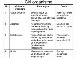 Ciri organisme No Ciri – ciri organisme Keterangan Contoh 1.  Susunan tubuh Struktur tubuh yg spesifik, ukuran ttt, bentuk ttt sesuai aktivitas hidupnya Katak py 1 mata pd msg2 sisi kepalanya 2. Adaptasi Kegiatan/tingkah laku mahkhluk hidup yg m’sesauikan dirinya dg lingkungannya Lidah pjg dan bercab pd katak 3. Metabolisme Proses fisiologis di dlm tbh mh  dg perubhn rx kimia & perubhn energi yg menyertainya (anabolisme & katabolisme) Pencernaan, respirasi, fermentasi, dll 4. Nutrisi Makanan/zat makanan yg dibthkan mh untk klsgn hdpnya Burung menghisap madu 